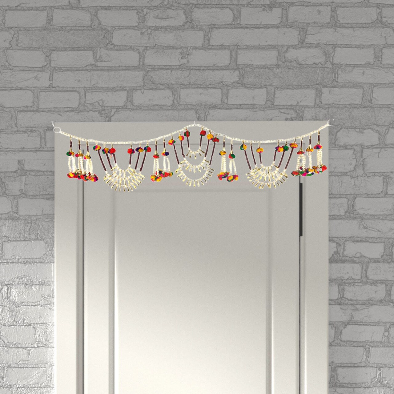 Indian Bead Door Toran 35 Inch Bhandarwal Hanging Valance Multicolor Pompom Traditional Wall Decorative for Window Home Temple Decor Wedding Diwali Navratri Puja Housewarming Decorations